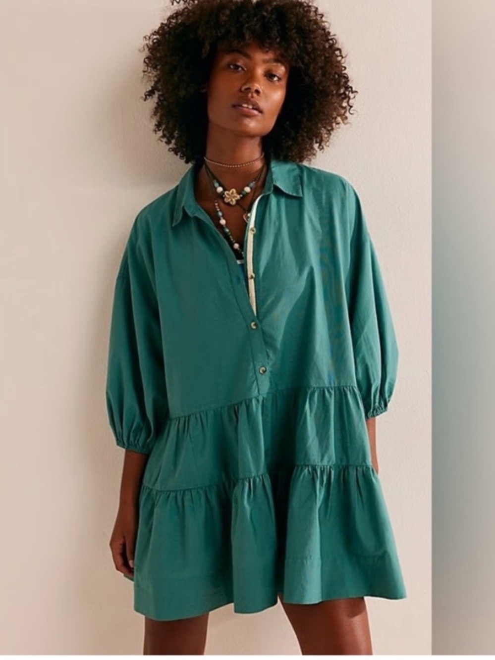 Free People Mischa Mini Dress in Green S Small Cotton Longsleeve Popover